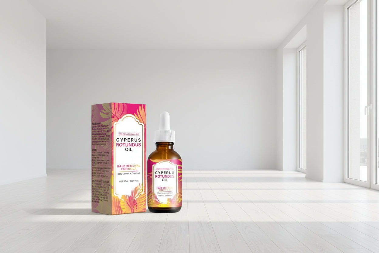 Cyperus Rotundus oil bottle and packaging with a white background