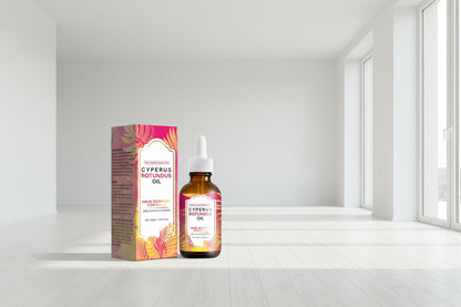 Cyperus Rotundus oil bottle and packaging with a white background